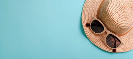 A stylish summer hat rests alongside a pair of trendy sunglasses, creating a fresh and inviting vibe perfect for warm weather outings. The light blue background enhances the cheerful atmosphere.の素材