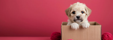 A small, fluffy puppy with wide eyes is peeking over the edge of a cardboard box. The vibrant red background enhances the charming scene, highlighting the puppy's playful curiosity and innocence.の素材