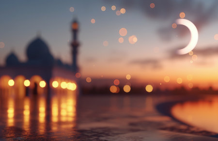 A tranquil twilight casts a warm glow through elegant arches, framing a crescent moon above a distant skyline. The soft colors of dusk create a peaceful atmosphere, inviting quiet reflection and admiration.の素材