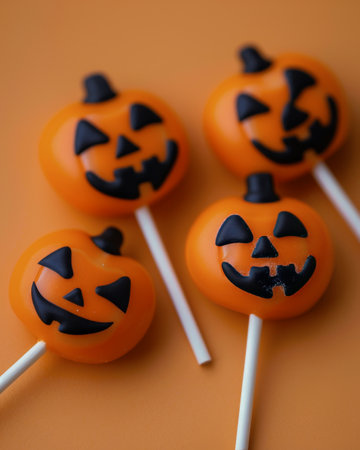 A vibrant orange pumpkin cake pop stands against a warm orange background, featuring a joyful expression with eyes and a wide grin. The cake is topped with a small chocolate stem, embodying the festive spirit of Halloween.の素材