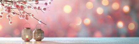 Two shimmering lanterns sit on a surface adorned with delicate branches and soft pink bokeh lights in the background, creating a warm, inviting atmosphere.の素材