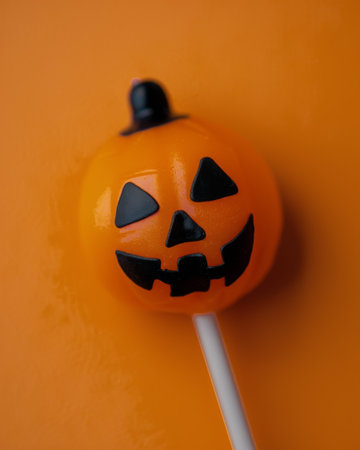 A vibrant orange pumpkin cake pop stands against a warm orange background, featuring a joyful expression with eyes and a wide grin. The cake is topped with a small chocolate stem, embodying the festive spirit of Halloween.の素材