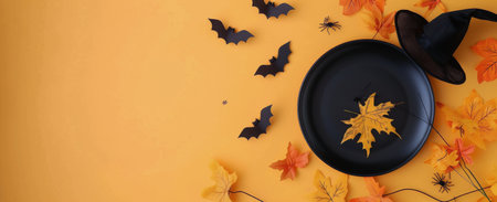 A witch hat rests on a plate, surrounded by bats flying against a vibrant backdrop of autumn leaves and soft lighting, capturing the spirit of Halloween.の素材