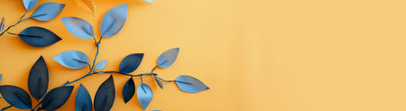 A cluster of blue and black leaves is artistically arranged on a bright yellow background, enhancing a contemporary design aesthetic. This vibrant color contrast adds a lively touch to the decor.の素材