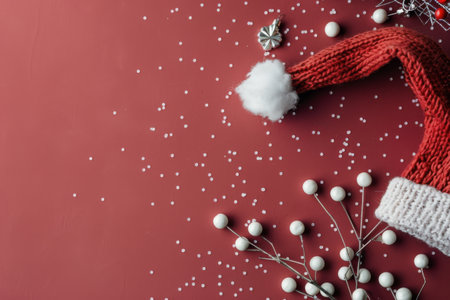 A vibrant red Christmas hat with a white brim sits among shiny ornaments and decorative balls in red and silver, creating a joyful holiday atmosphere against a festive red backdrop.の素材