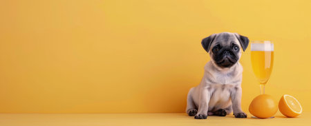 A small pug sits calmly among vibrant paper decorations and two glasses filled with a sparkling beverage, set against a cheerful yellow backdrop.の素材