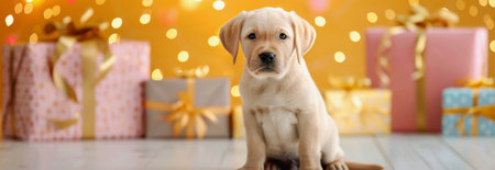 A playful Labrador puppy sits on a wooden floor in front of beautifully wrapped gifts, illuminated by soft holiday lights, creating a warm and festive atmosphere perfect for celebrations.の素材