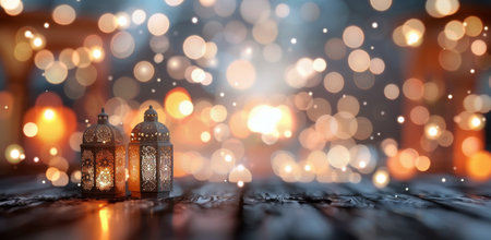 Two ornate lanterns emit a warm glow as colorful bokeh lights shimmer in the background, creating a cozy and festive atmosphere on a rustic wooden surface, perfect for celebrations or winter nights.の素材