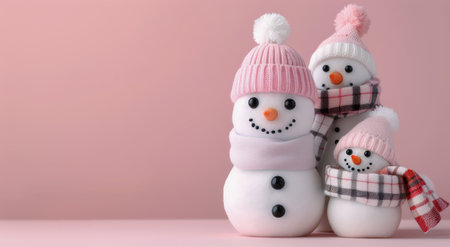 Three snowmen stand side by side, each adorned with knitted hats and scarves, smiling with button eyes and carrot noses. They bring a festive touch to a light blue background, evoking winter joy.の素材