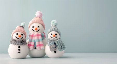 Three snowmen stand side by side, each adorned with knitted hats and scarves, smiling with button eyes and carrot noses. They bring a festive touch to a light blue background, evoking winter joy.の素材