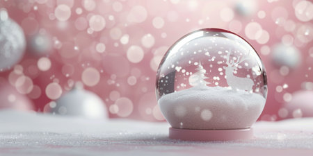 A charming snow globe features a white deer among pink trees, surrounded by a snowy base and sparkling flakes, set against a soft pink background.の素材