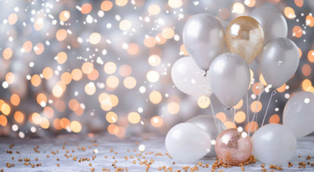 Delicate white balloons drift lightly upward, surrounded by shimmering golden decorations and lights, creating a festive atmosphere perfect for a celebration.の素材