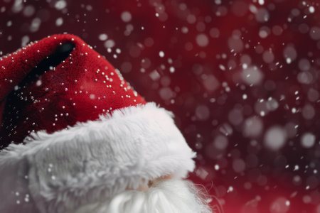 A playful red winter hat with a fluffy pom pom sits on a surface covered in snow, while white snowflakes gently fall around it, creating a warm and festive atmosphere perfect for the holiday season.の素材