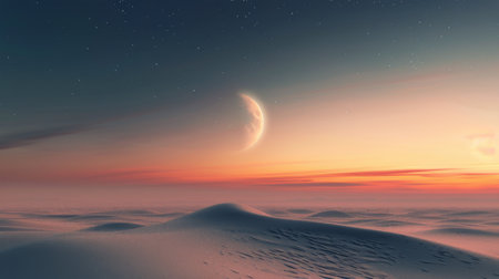 A crescent moon hangs above a tranquil desert, casting a gentle glow over the rippling sands as twilight descends. Stars twinkle brightly against the fading light, creating a peaceful atmosphere in the vast wilderness.の素材
