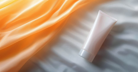 A gentle skin care cream tube rests on a soft yellow fabric, illuminated by warm morning light, creating a tranquil and inviting atmosphere, perfect for self-care routines.の素材