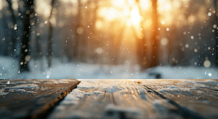 A warm sunset casts a golden glow over a snowy forest, while delicate snowflakes drift gently onto a weathered wooden table, creating a peaceful winter atmosphere.の素材