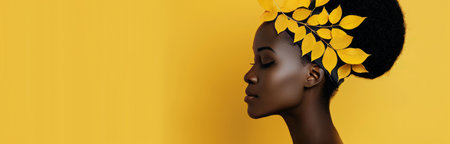 A woman with an afro hairstyle gazes sideways, complementing her yellow earrings against a vivid yellow backdrop and a delicate leafy branch, creating a striking visual contrast.の素材