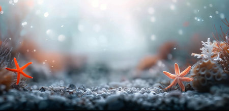 A starfish rests on vibrant coral formations beneath the water, showcasing a colorful, tranquil marine ecosystem illuminated by soft light filtering through the surface.の素材