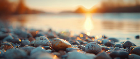 Smooth pebbles line the riverbank, catching the warm hues of the setting sun. The water shimmers softly, reflecting golden light as evening approaches, creating a peaceful natural atmosphere.の素材