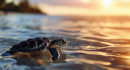A sea turtle glides serenely through crystal-clear waters, surrounded by vibrant coral reefs. Sunlight filters down, creating a tranquil and enchanting underwater environment.の素材