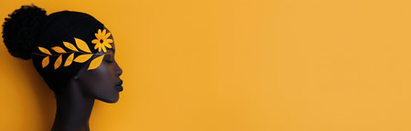 A woman with an afro hairstyle gazes sideways, complementing her yellow earrings against a vivid yellow backdrop and a delicate leafy branch, creating a striking visual contrast.の素材