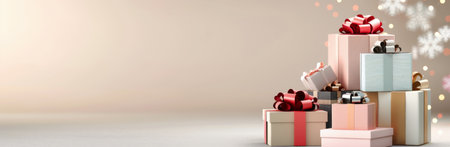 A collection of beautifully wrapped gifts in varying sizes with soft pastel ribbons sits on a clean surface, creating a charming holiday or celebration atmosphere against a gentle background.の素材