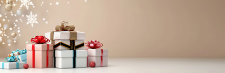 A collection of beautifully wrapped gifts in varying sizes with soft pastel ribbons sits on a clean surface, creating a charming holiday or celebration atmosphere against a gentle background.の素材