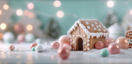 A beautifully crafted gingerbread house sits amidst an array of pastel candies, with twinkling lights and festive decorations in the background, evoking a cozy holiday atmosphere.の素材