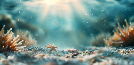 A starfish rests on the sandy bottom of a vibrant underwater environment, surrounded by colorful sea anemones. Sunlight filters through the water, creating a serene atmosphere.の素材