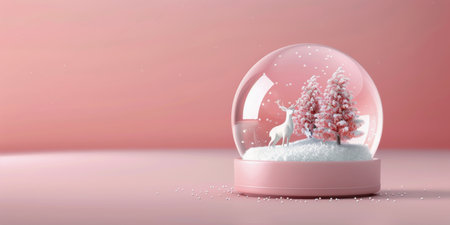 A charming snow globe features a white deer among pink trees, surrounded by a snowy base and sparkling flakes, set against a soft pink background.の素材