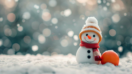 A cheerful snowman, adorned with a red hat and scarf, stands in a snowy landscape as soft snowflakes fall around. An orange ball rests nearby, adding a pop of color to the tranquil winter scene.の素材
