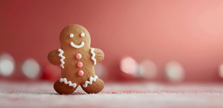 A cheerful gingerbread man cookie stands against a warm red background, surrounded by vibrant holiday ornaments. The scene captures the spirit of Christmas with playful decorations and a festive atmosphere.の素材