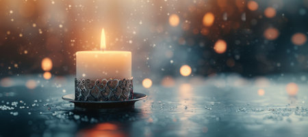 A white candle glows softly in an ornate holder, illuminating its surroundings. The warm, blurred lights create a tranquil atmosphere, perfect for relaxation and contemplation during the evening hours.の素材