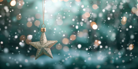 A shimmering gold star ornament dangles from a delicate chain, surrounded by soft, blurred holiday lights and falling snowflakes, creating a magical atmosphere during the festive season.の素材