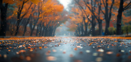 Vibrant autumn leaves drift down from trees lining a damp pathway, creating a picturesque scene during a light rain in a tranquil park setting. The air is filled with the freshness of fall.の素材