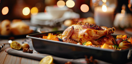 A waiter presents a beautifully plated roasted turkey accompanied by tender potatoes, amidst a festive atmosphere filled with soft glowing lights, perfect for a holiday gathering.の素材