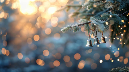 Golden sunlight filters through tree branches adorned with bells, creating a magical atmosphere in a winter forest. Soft bokeh lights enhance the serene, festive mood of the scene.の素材
