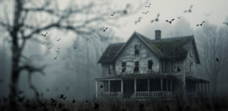 An eerie abandoned house stands in a misty forest, enveloped by fog as bats flutter around, adding to the haunting atmosphere during twilight hours.の素材