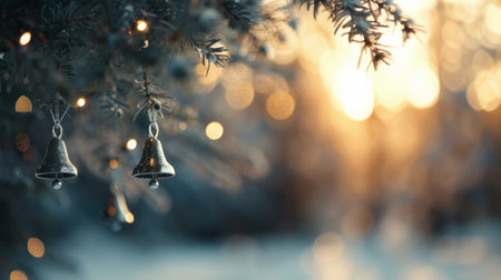 Golden sunlight filters through tree branches adorned with bells, creating a magical atmosphere in a winter forest. Soft bokeh lights enhance the serene, festive mood of the scene.の素材