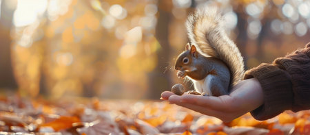 A curious squirrel delicately holds a nut while perched on a person's hand amidst a vibrant autumn landscape filled with fallen leaves and warm sunlight.の素材