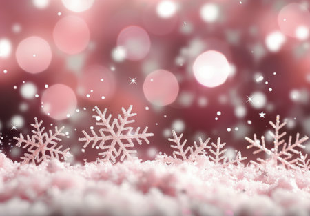 Frosted snowflakes glisten softly against a pastel pink background, creating a serene winter atmosphere filled with sparkling bokeh lights. The scene captures the beauty and tranquility of a cold season moment.の素材