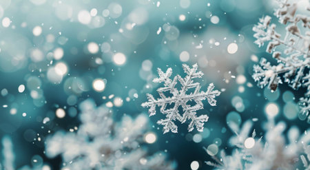 Soft snow blankets the ground as delicate snowflakes gently fall, creating a serene winter atmosphere with glittering effects in the background.の素材