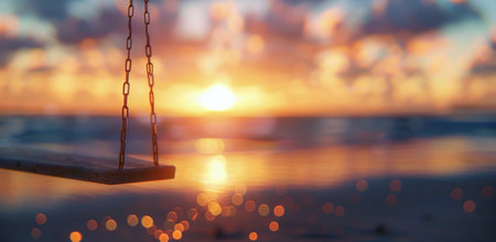 A wooden swing hangs near the shore, catching the last light of a vibrant sunset as waves gently lap against the beach. The sky is painted in warm hues of orange and pink, creating a tranquil atmosphere.の素材