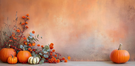 An assortment of orange and white pumpkins are beautifully arranged among delicate autumn florals against a warm, glowing background, capturing the essence of the fall season.の素材