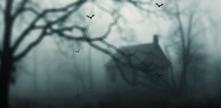 A dark, misty landscape features a dilapidated manor surrounded by barren trees, with flocks of birds soaring through the fog at dusk, creating an atmospheric, haunting ambiance.の素材