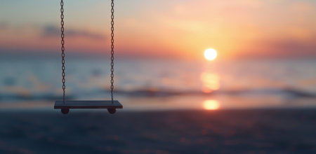 A wooden swing hangs near the shore, catching the last light of a vibrant sunset as waves gently lap against the beach. The sky is painted in warm hues of orange and pink, creating a tranquil atmosphere.の素材