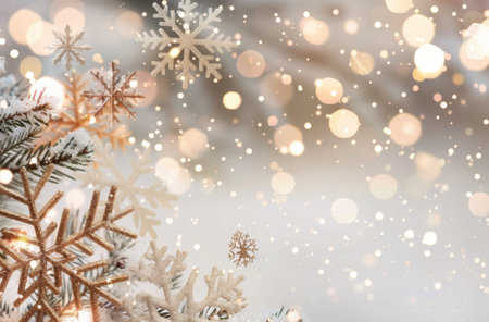 Golden and silver snowflakes, along with a shiny ornament, decorate a light background, creating a festive atmosphere perfect for holiday gatherings and celebrations, evoking warmth and joy.の素材