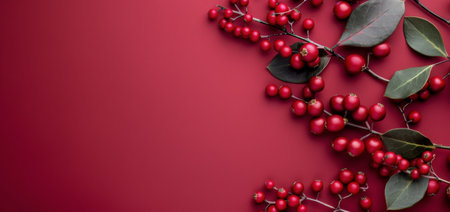An artistic arrangement of vibrant red berries and lush green leaves sits gracefully on a soft pink surface, illuminated by gentle natural light creating an elegant and inviting atmosphere.の素材