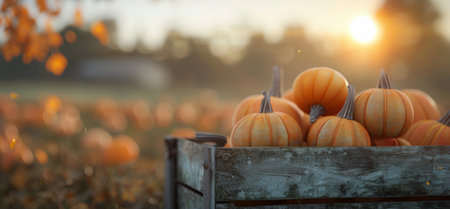 A wooden crate overflows with vibrant orange pumpkins, showcasing the bounty of an autumn harvest. The sun casts a warm glow over the surrounding farm fields, hinting at a crisp, tranquil fall day.の素材