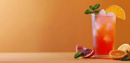 A colorful citrus drink is displayed on a wooden table, garnished with mint and served with fresh orange slices, reflecting the warm hues of the sunset in the background.の素材